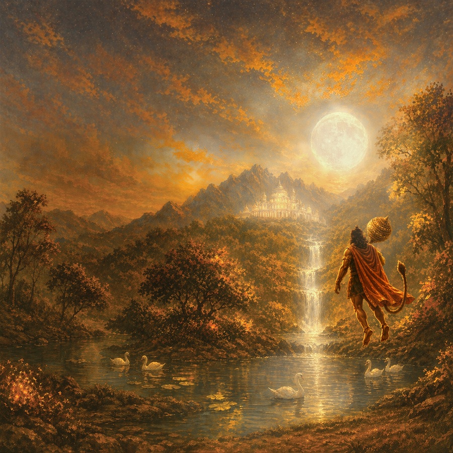 Mythic hero in an orange cape hovers above a river toward a glowing moon, with a distant temple on the mountains and swans on the water.